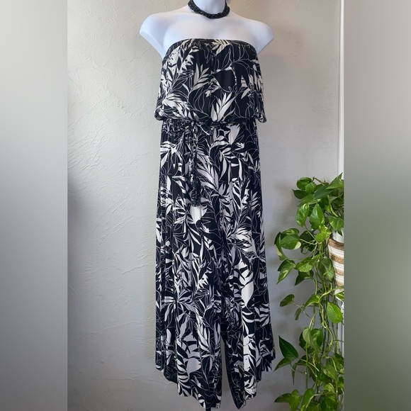 J.B.S. Pants - Vintage J.B.S. Strapless Wide Leg Tropical Leaves Print Black/White Jumpsuit 3X